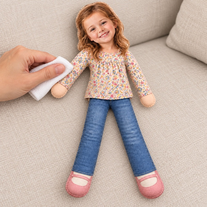 Spot cleaning the doll with a damp white cloth
