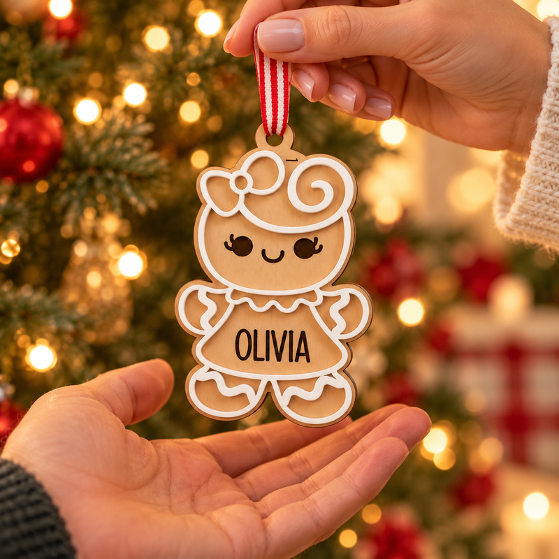 Personalised gingerbread girl ornament presented as a Christmas gift