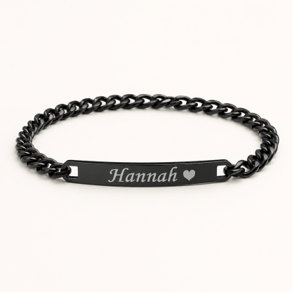 Personalized Girlfriend Name Bracelet – Custom Engraved Black Chain Bracelet with Heart, Romantic Gift for Her