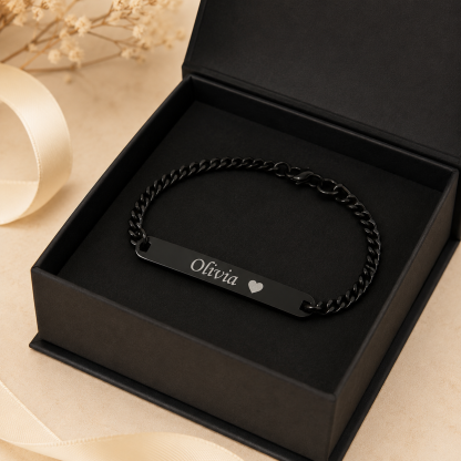 Personalized Girlfriend Name Bracelet – Custom Engraved Black Chain Bracelet with Heart, Romantic Gift for Her