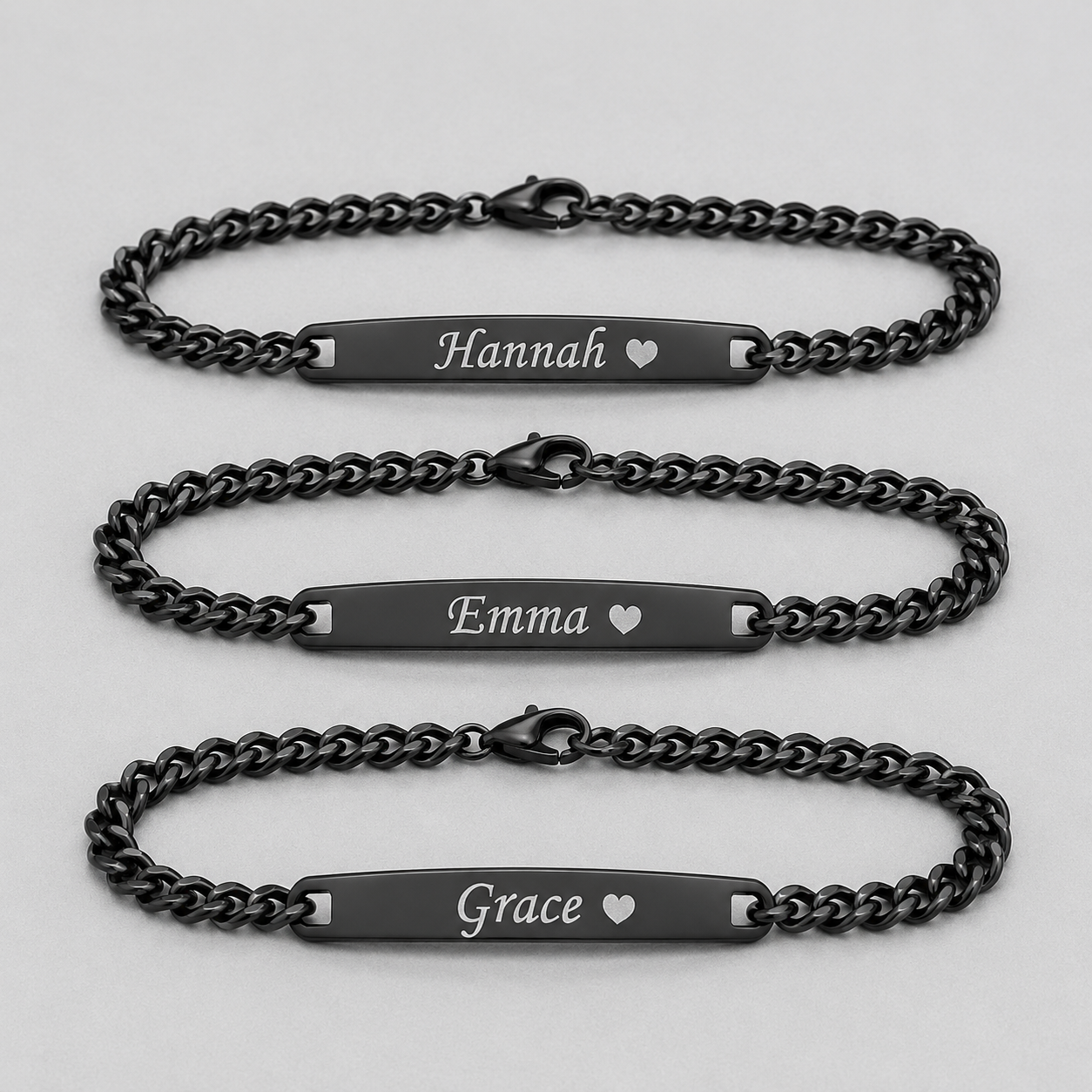 Personalized Girlfriend Name Bracelet – Custom Engraved Black Chain Bracelet with Heart, Romantic Gift for Her