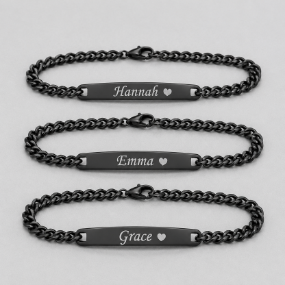 Personalized Girlfriend Name Bracelet – Custom Engraved Black Chain Bracelet with Heart, Romantic Gift for Her