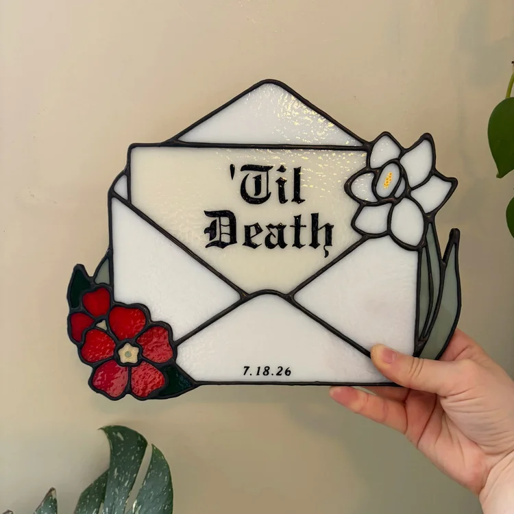 Personalized Til Death Stained Glass Envelope Plaque – Custom Text & Date Gothic Love Decor