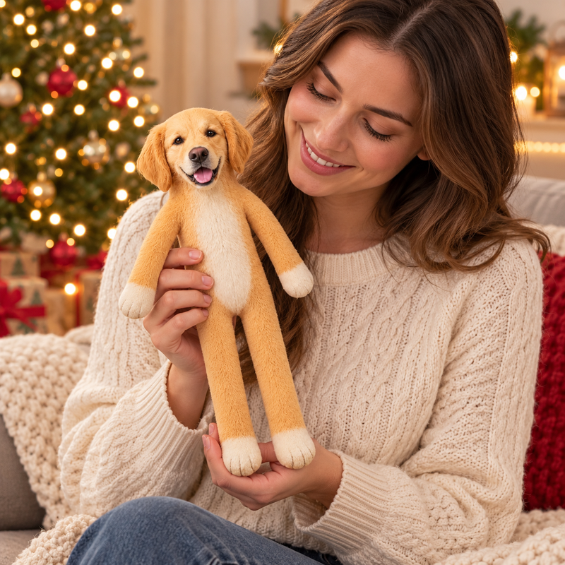 A pet lover holding a personalised full-body dog plush doll