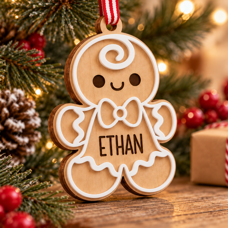 Double-layer wooden gingerbread ornament shown at an angle
