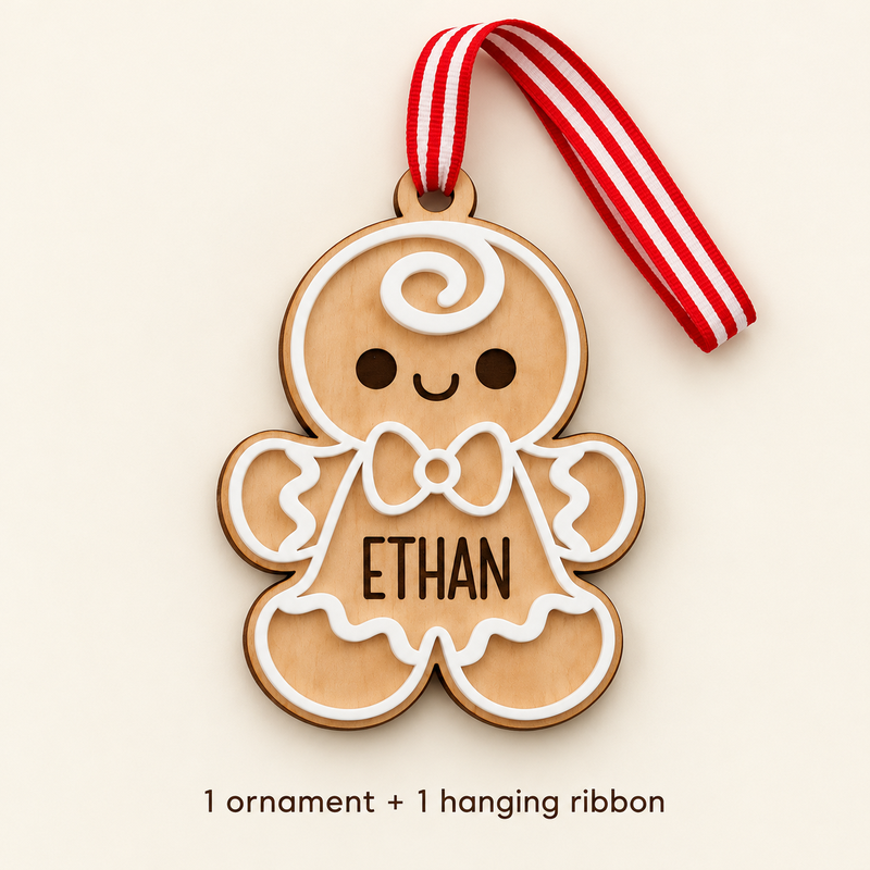 One personalised gingerbread ornament and one red and white hanging ribbon