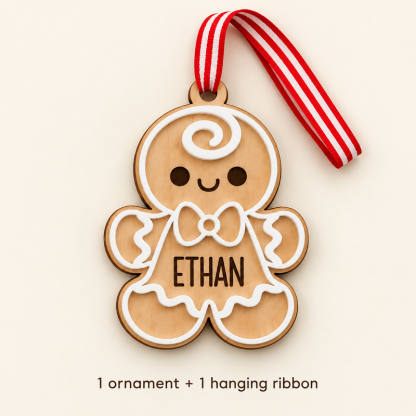One personalised gingerbread ornament and one red and white hanging ribbon