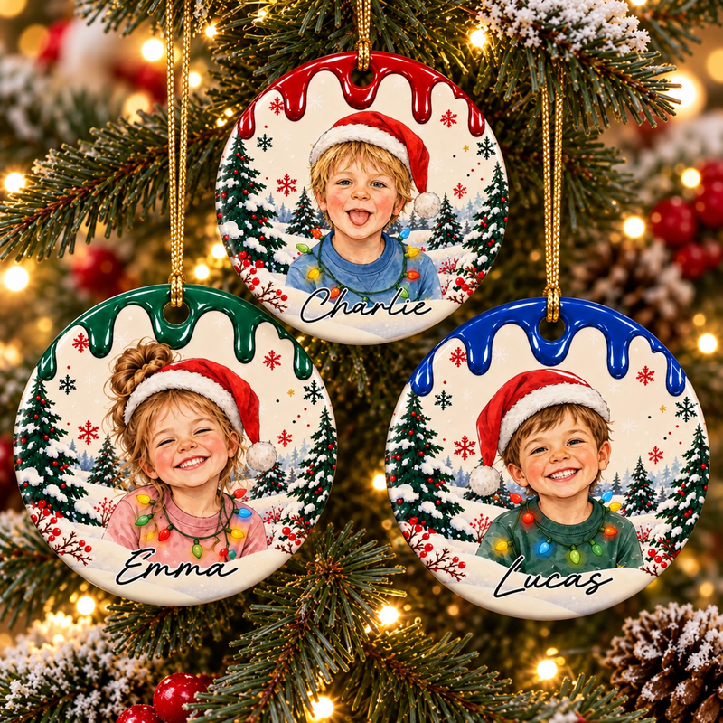 Red, green and blue personalised Christmas portrait ceramic ornaments hanging on a Christmas tree. Examples shown separately; sold individually.