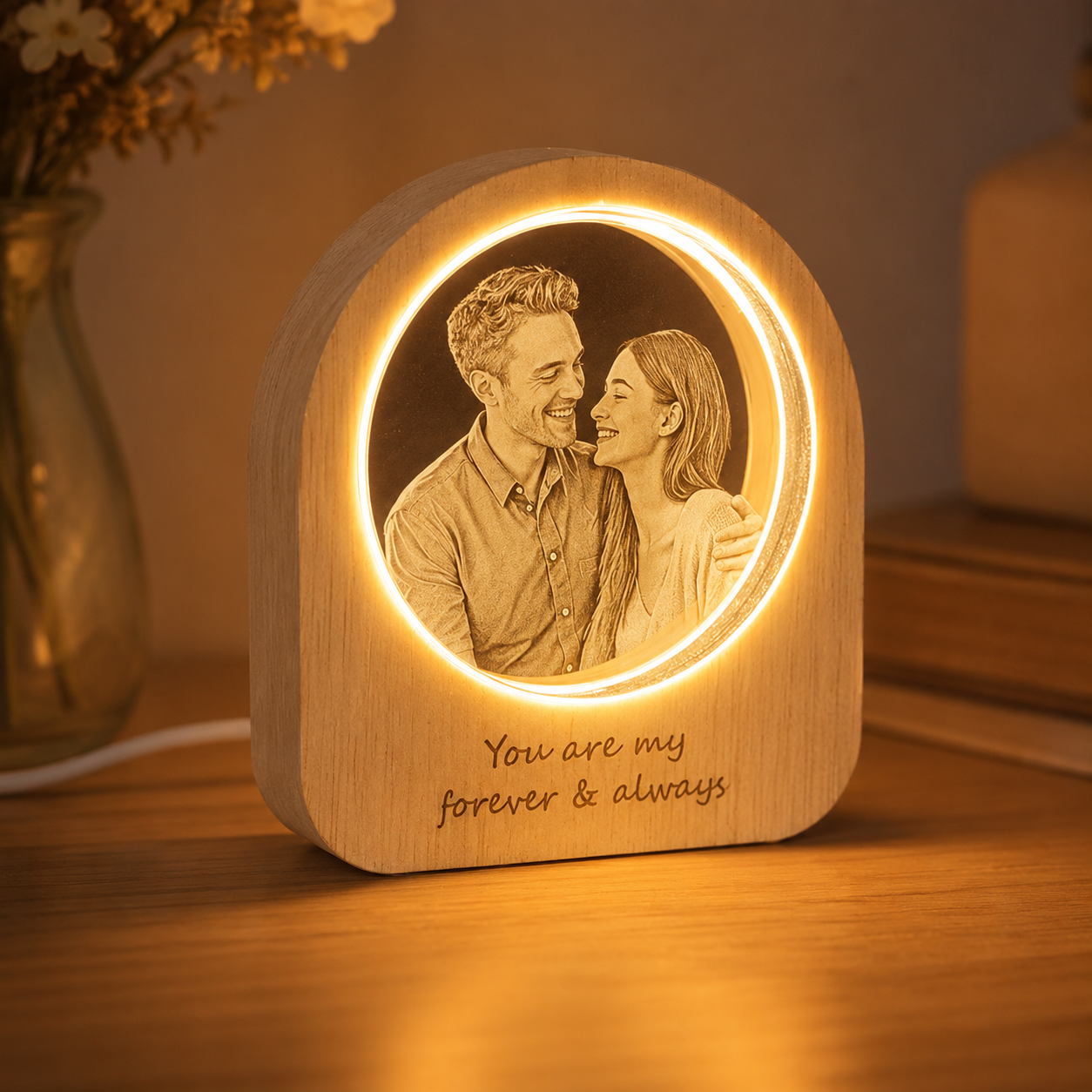 Personalized Photo Engraved LED Night Light – Custom Photo & Text Wooden Keepsake Lamp