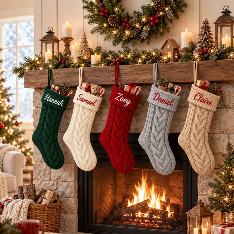 Personalized Christmas Xmas Embroidered Family Name Stockings, Knit Family Christmas Stockings, Holiday Stockings Gifts