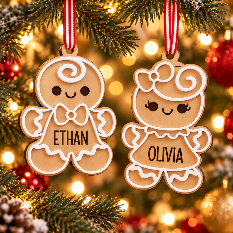Personalised boy and girl gingerbread wooden ornaments on a Christmas tree