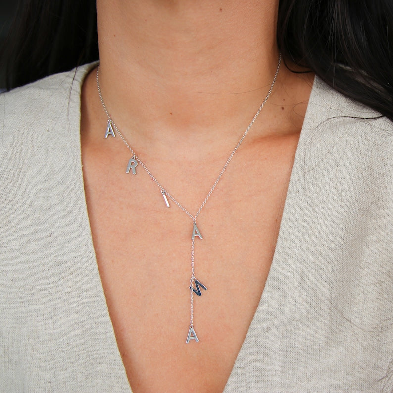 Personalized Dainty Lariat Y Necklace with 3-9 Initials Mother's Day Birthday Valentine's Day Gift for Women