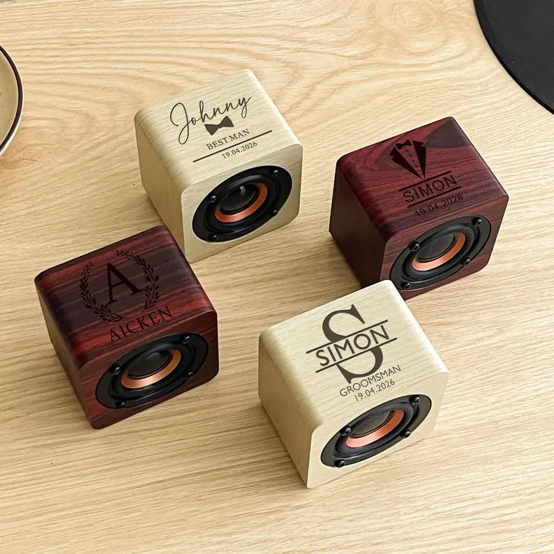 Personalized Wooden Cube Speaker – Custom Name, Role & Date Gift for Groomsmen and Best Man