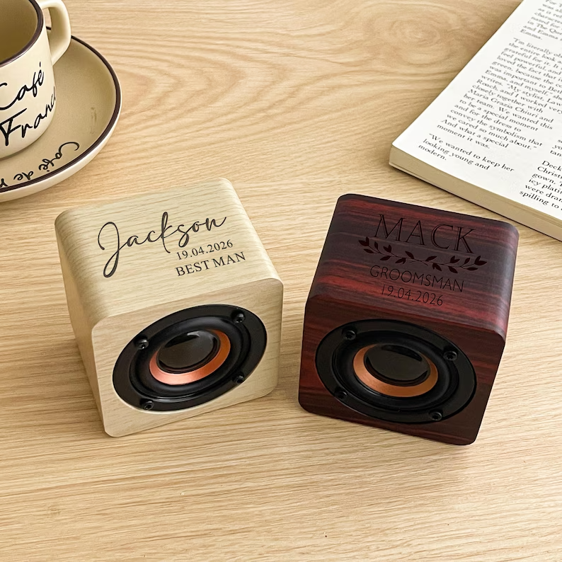 Personalized Wooden Cube Speaker – Custom Name, Role & Date Gift for Groomsmen and Best Man
