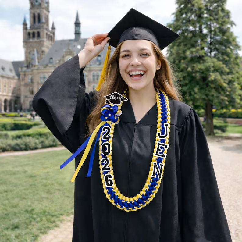 Personalized Graduation Lei with Name, Graduation Gift, Gift for Graduates, Custom Satin Ribbon Lei with Grad Cap, Senior Night Gift