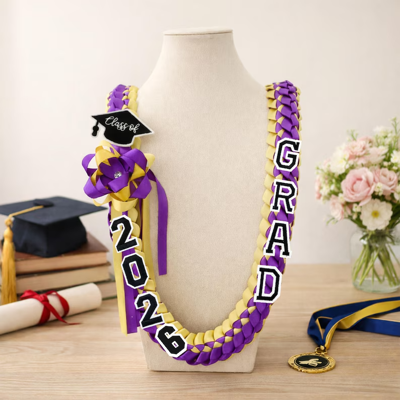 Personalized Graduation Lei with Name, Graduation Gift, Gift for Graduates, Custom Satin Ribbon Lei with Grad Cap, Senior Night Gift