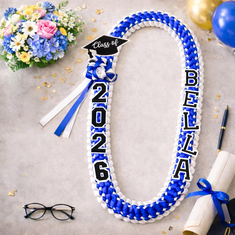 Personalized Graduation Lei with Name, Graduation Gift, Gift for Graduates, Custom Satin Ribbon Lei with Grad Cap, Senior Night Gift
