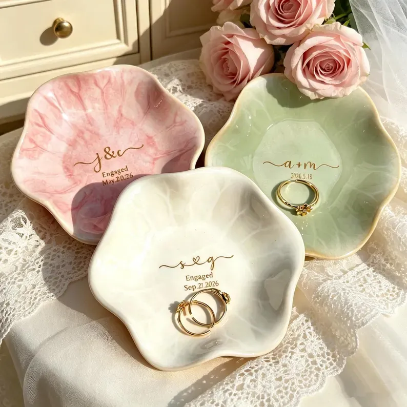 Personalized Ceramic Engagement Ring Dish – Custom Initials, Date & Message Jewelry Tray