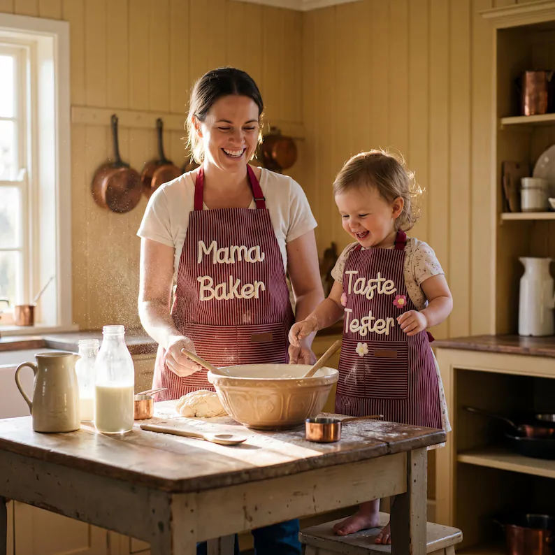 Personalized Parent & Child Aprons – Custom Raised Name Matching Baking Set for Parent & Child