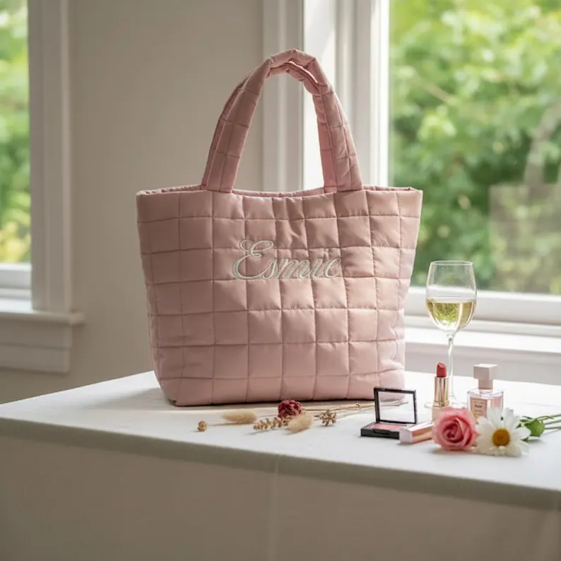 Personalized Embroidered Tote Bag – Custom Name Quilted Everyday Bag