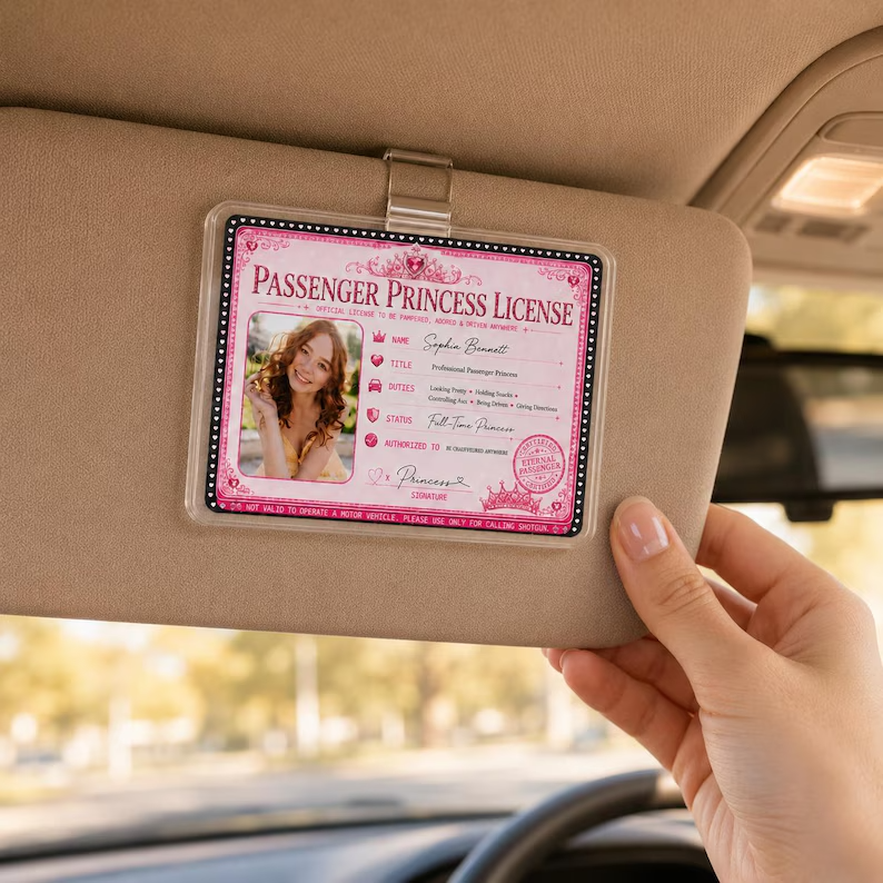 Personalized Passenger Princess License Sun Visor Clip – Custom Photo Car Accessory Gift for Girlfriend or Wife