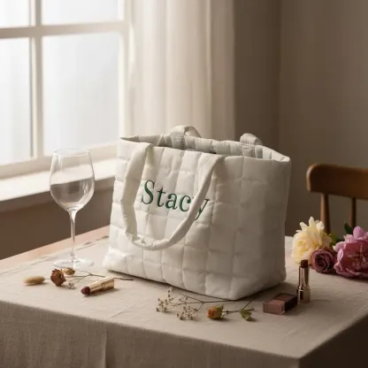Personalized Embroidered Tote Bag – Custom Name Quilted Everyday Bag