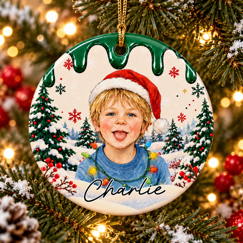 Green personalised Charlie portrait ceramic Christmas ornament with hanging cord.
