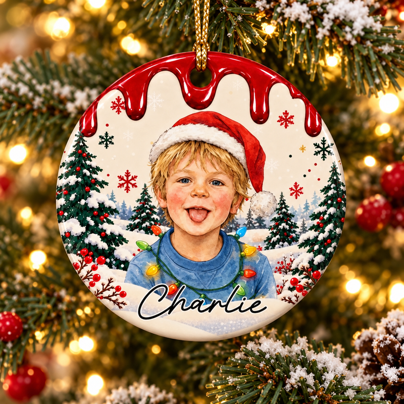 Red Charlie Christmas portrait ceramic ornament hanging on a Christmas tree.