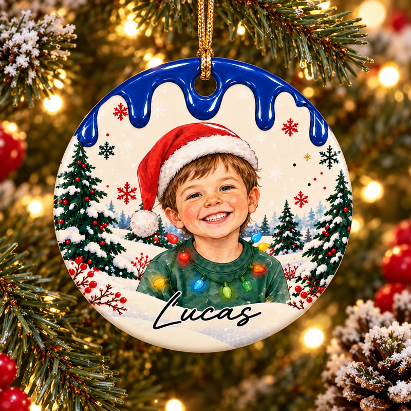 Blue Lucas Christmas portrait ceramic ornament with name and festive illustration.