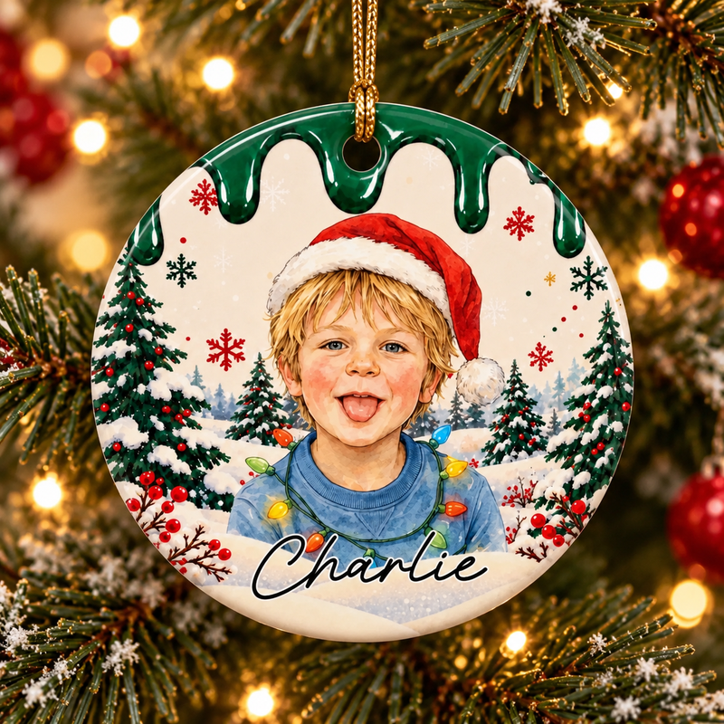 Close view of the flat printed illustration on a green Charlie ceramic ornament.