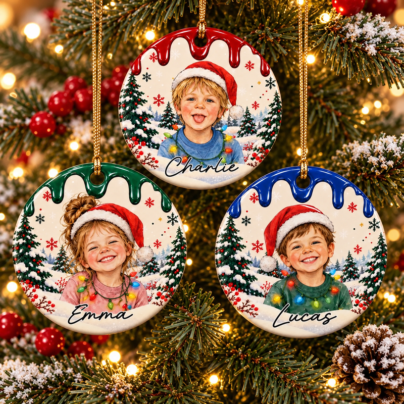 Three personalised Christmas ornament colour examples on a tree; each ornament sold individually.