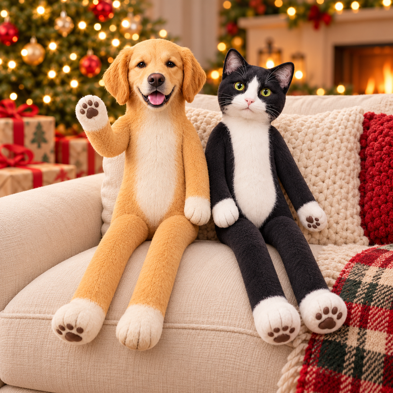 Custom cat and dog photo plush dolls seated on a sofa