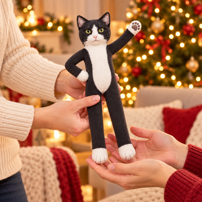 A personalised cat plush doll presented as a Christmas gift