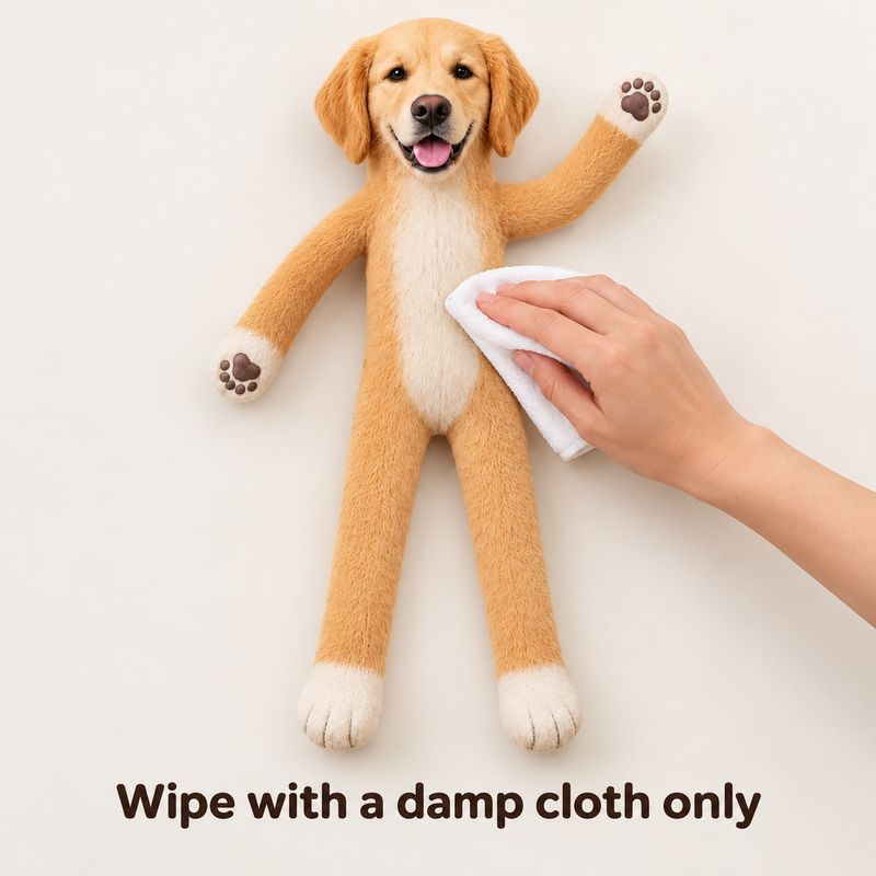 Gently wiping a custom pet plush doll with a damp cloth