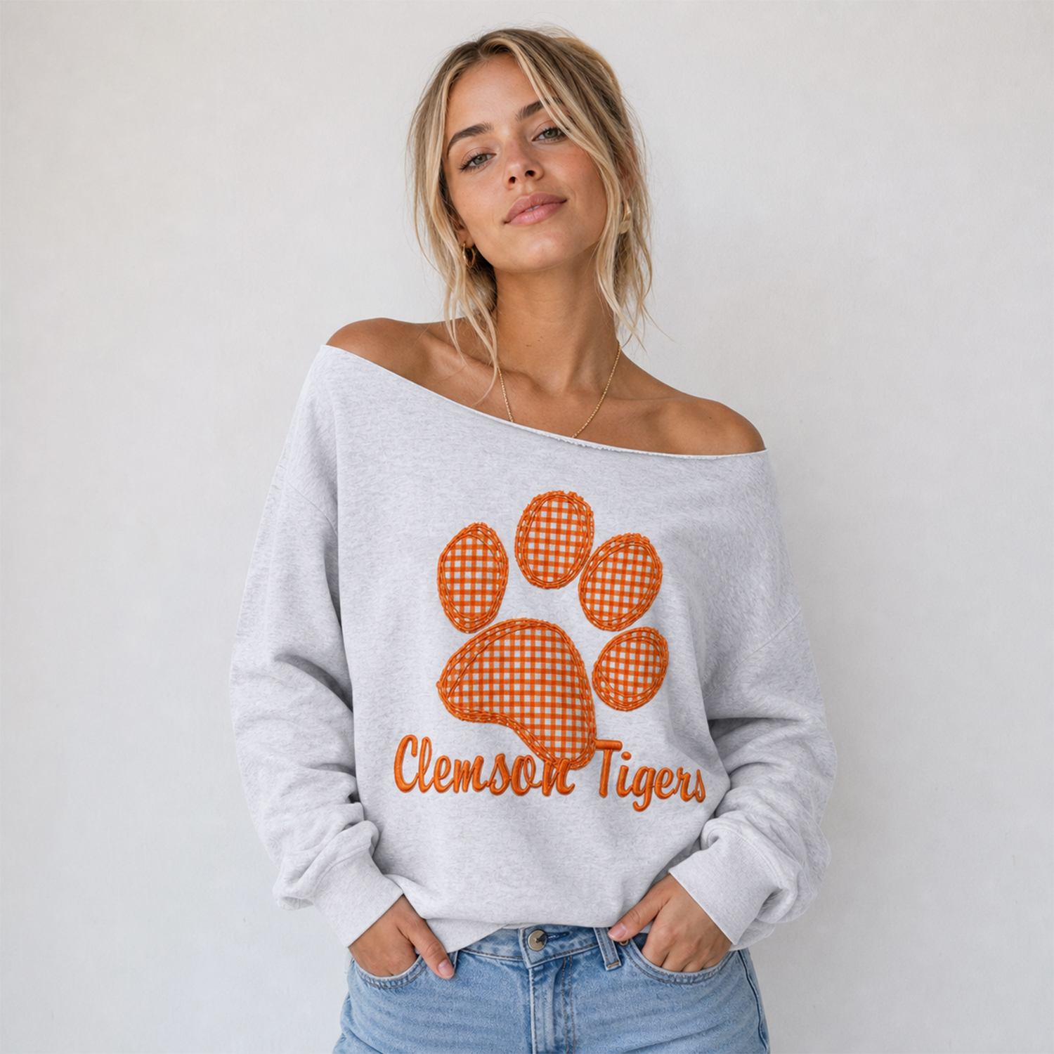 Custom Mascot Applique Patchwork Off The Shoulder Sweatshirt, Game Day Wear