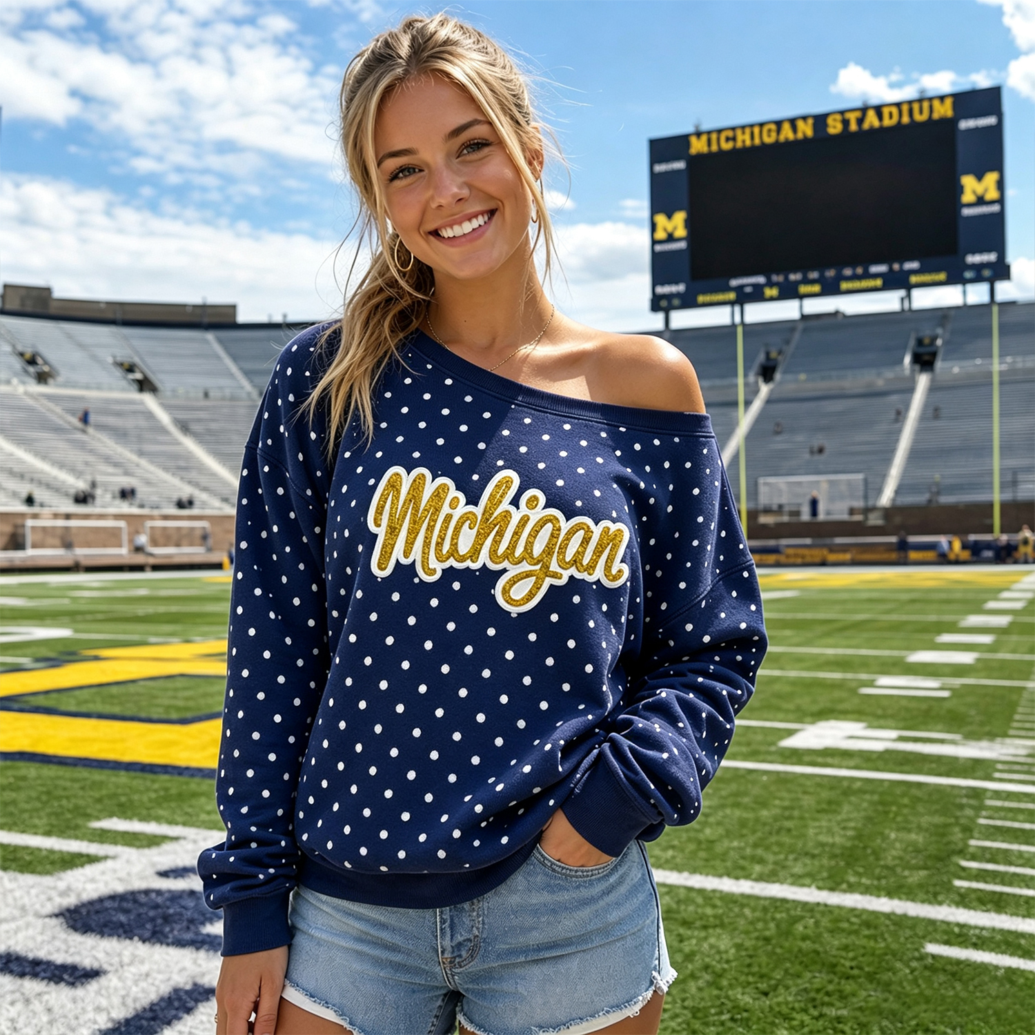 Custom Glitter Team Mascot Off-Shoulder Polka Dot Sweatshirt - Game Day Spirit Wear