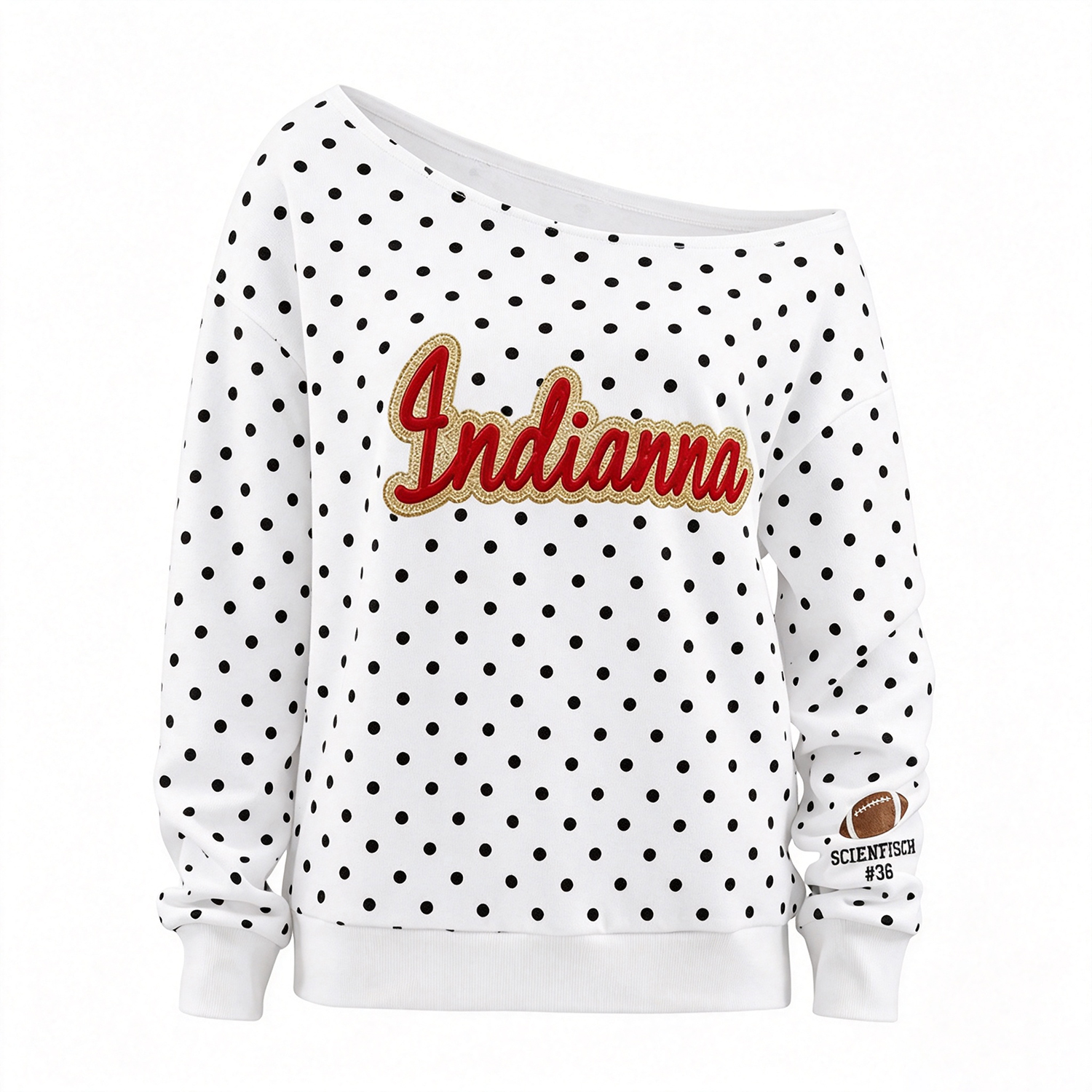 Custom Glitter Team Mascot Off-Shoulder Polka Dot Sweatshirt - Game Day Spirit Wear