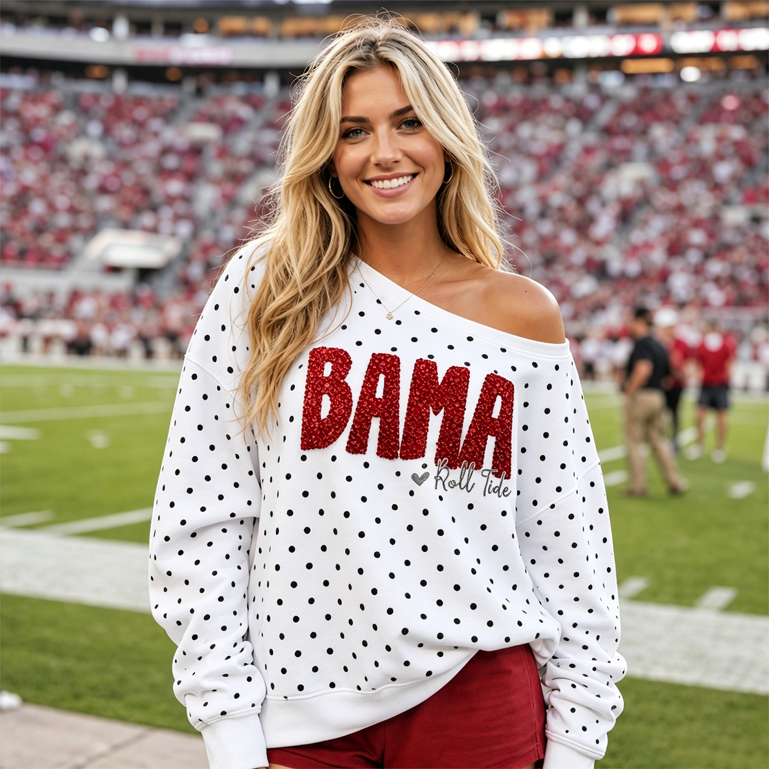 Custom Personalized Sequin Team Name Mascot Off-Shoulder Polka Dot Sweatshirt, Game Day Wear