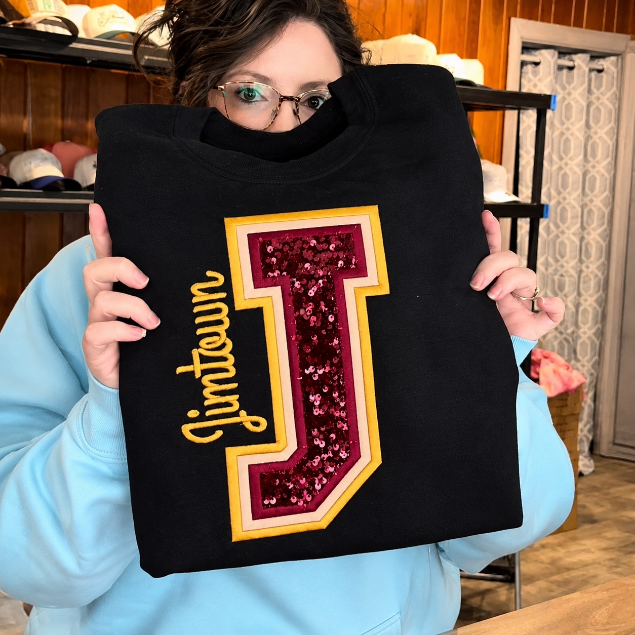 Custom Sequin Varsity Letter Sweatshirt with Multi-Stitched Embroidered Outline - Personalized Sports Fan Gifts