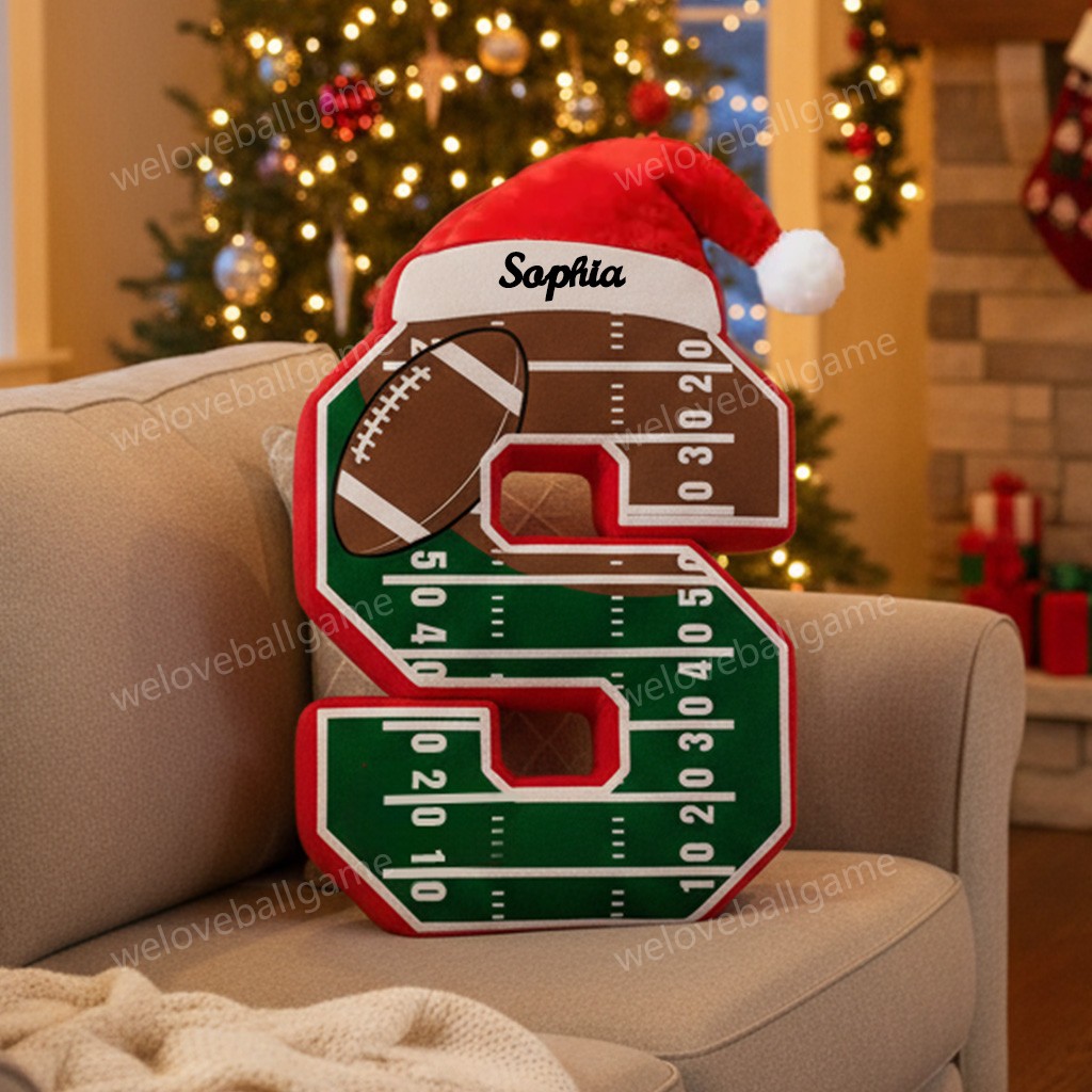 Custom Christmas Santa Hat Football Field Initial Pillow With Custom Name For Kids And Sports Fans