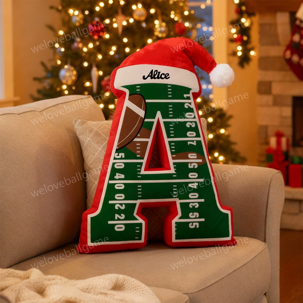 Custom Christmas Santa Hat Football Field Initial Pillow With Custom Name For Kids And Sports Fans