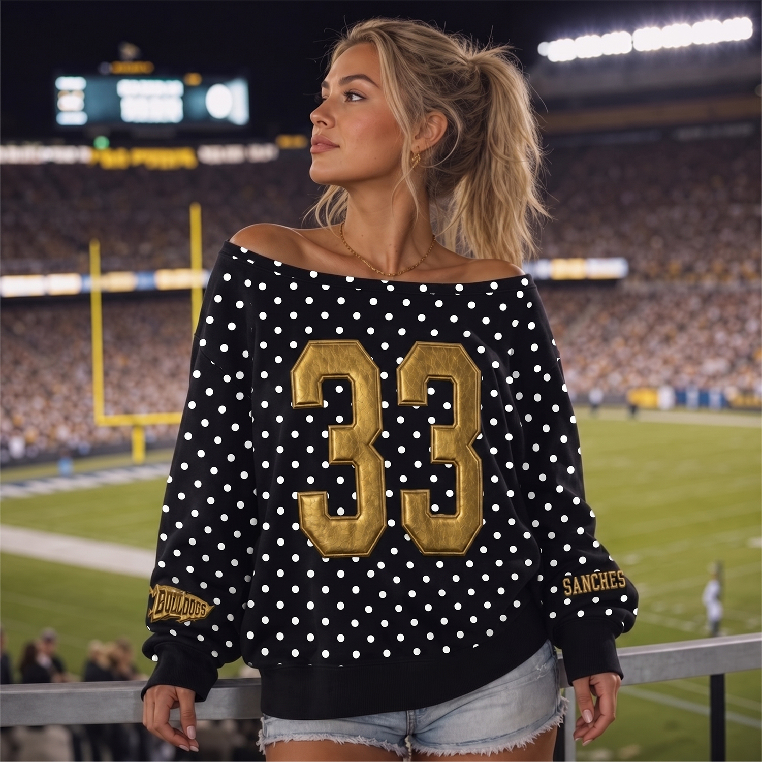Custom Metallic Puff Varsity Number Off-Shoulder Polka Dot Vintage Varsity Jersey Sweatshirt