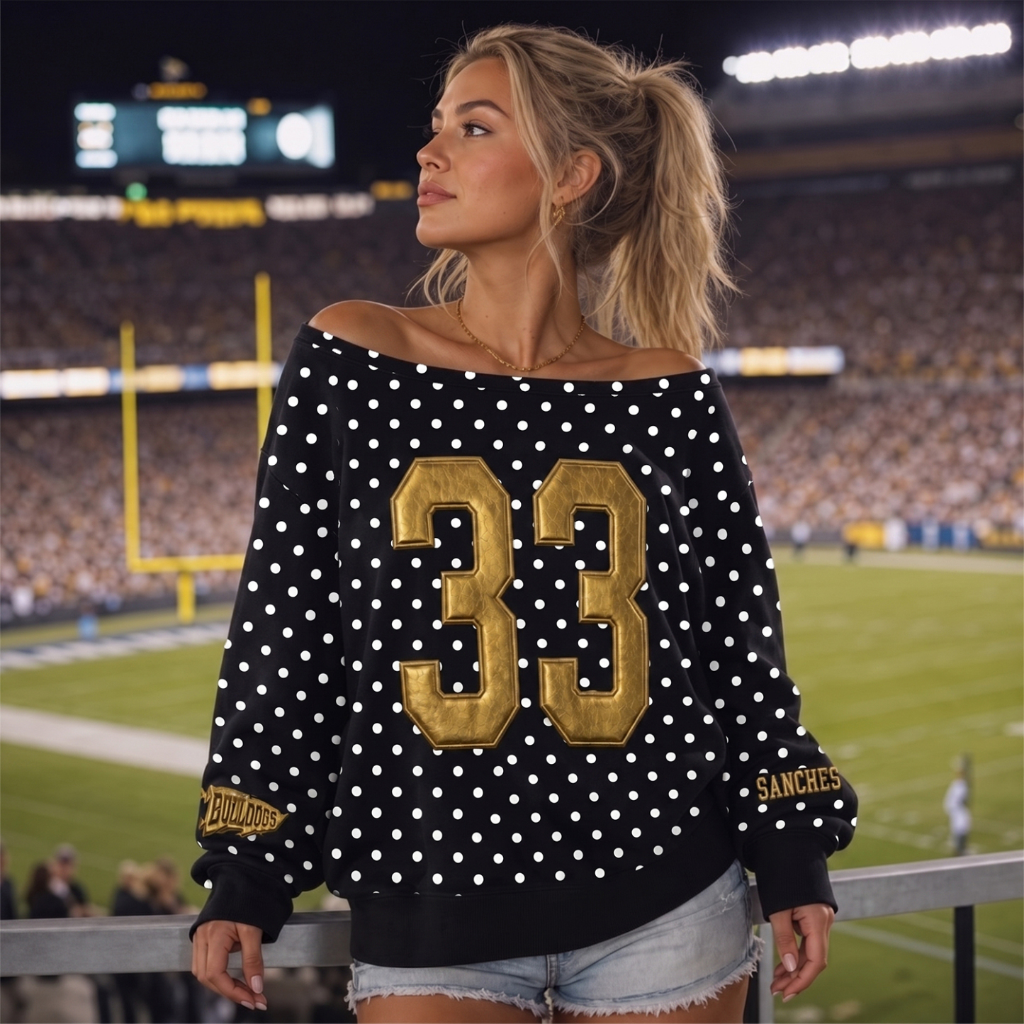 Custom Metallic Puff Varsity Number Off-Shoulder Polka Dot Vintage Varsity Jersey Sweatshirt