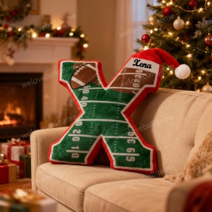 Custom Christmas Santa Hat Football Field Initial Pillow With Custom Name For Kids And Sports Fans