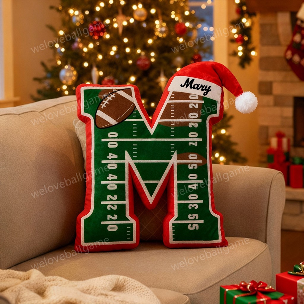 Custom Christmas Santa Hat Football Field Initial Pillow With Custom Name For Kids And Sports Fans