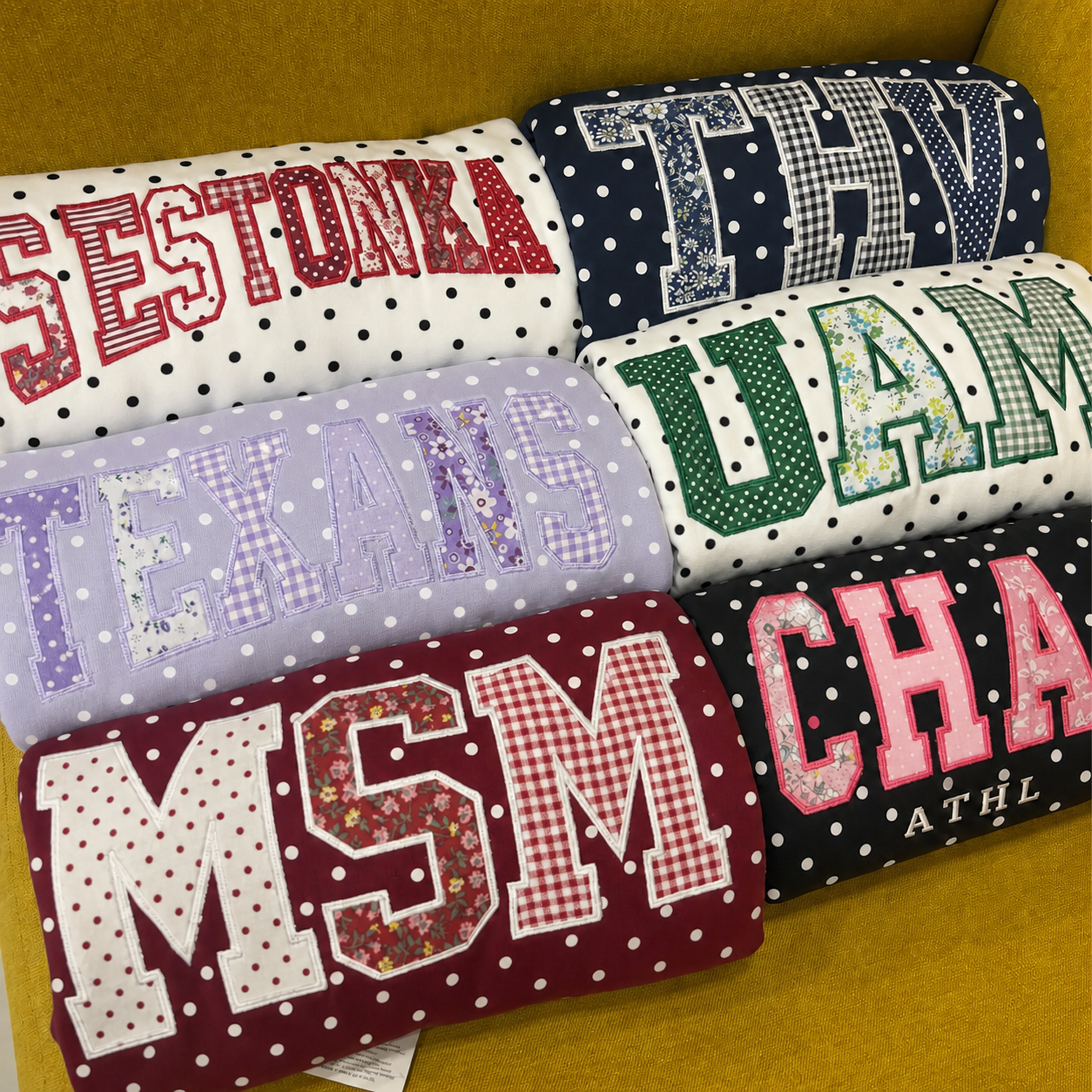 Custom Patchwork Fabric Embroidered Polka Dot Sweatshirt Team and School Name Applique Varsity Letters