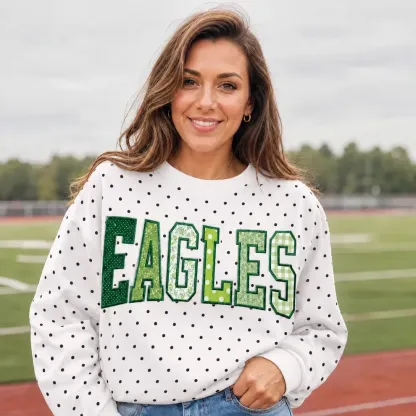 Custom Patchwork Fabric Embroidered Polka Dot Sweatshirt Team and School Name Applique Varsity Letters