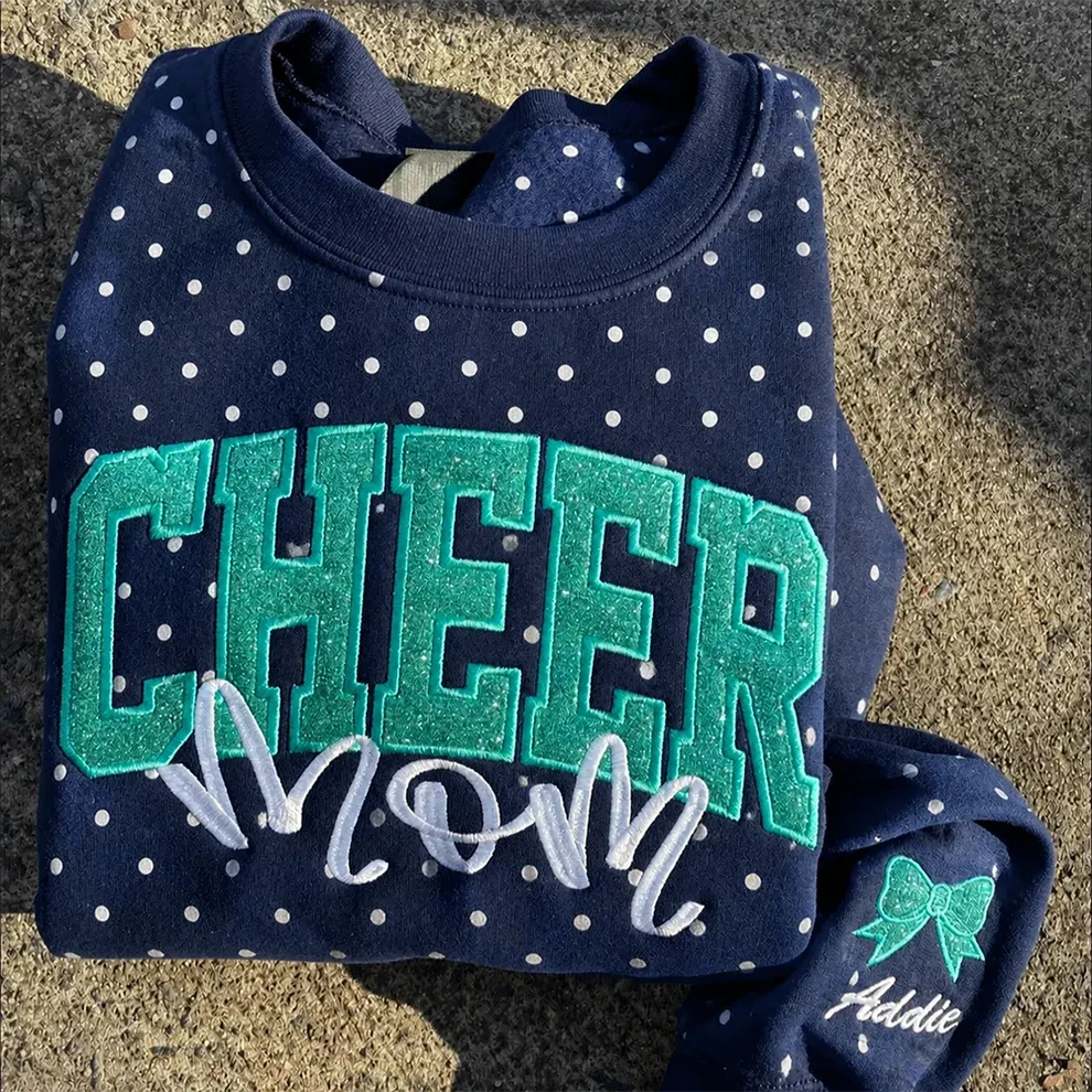 Custom Glitter Embroidered College Cheer Mom Polka Dot Sweatshirt, Gifts for Sports Mom, Game Day Wear