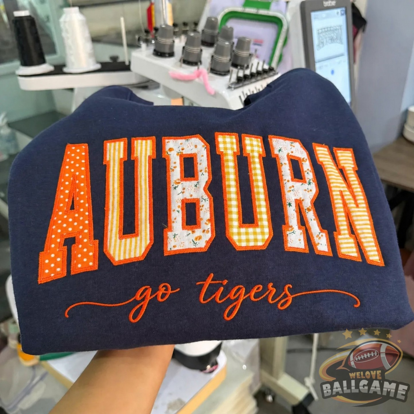 Custom Auburn Patchwork Fabric Embroidered Sweatshirt Team and School Name Applique Varsity Letters