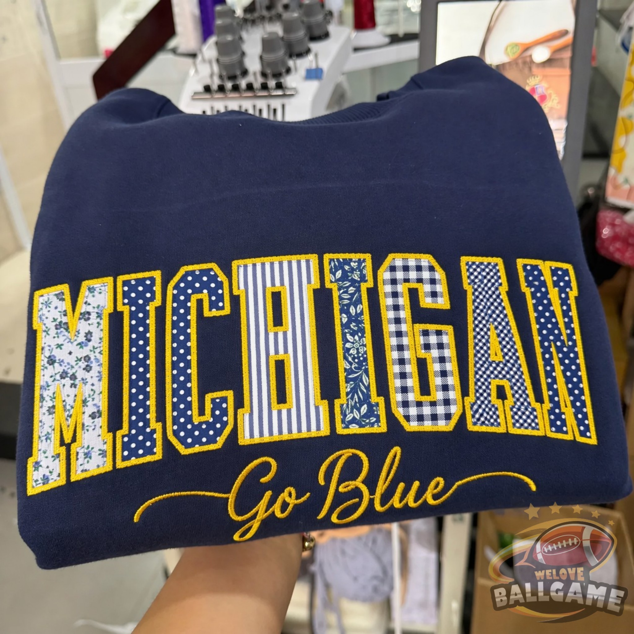 Custom Michigan Patchwork Fabric Embroidered Sweatshirt Team and School Name Applique Varsity Letters